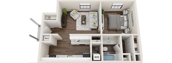 A top-down view of a small apartment with a kitchen, living room, and bathroom.
