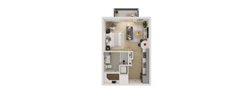 A top-down view of a small, neatly organized apartment with a kitchen, living room, and bathroom.