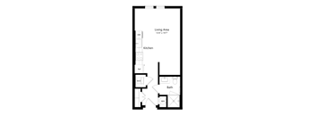 A black and white image of a floor plan for a living area, kitchen, bathroom, and bedroom.