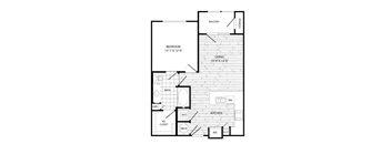 A black and white image of a floor plan for a home with a bedroom, bathroom, living room, kitchen, and pantry.