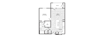A floor plan of a home with a bedroom, living room, and kitchen.