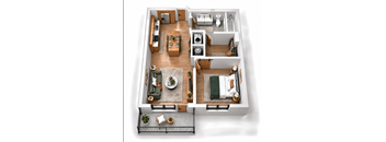 A top-down view of a modern apartment layout with a living room, kitchen, and bathroom.