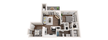 A top-down view of a two-bedroom apartment with a living room, kitchen, and bathroom.