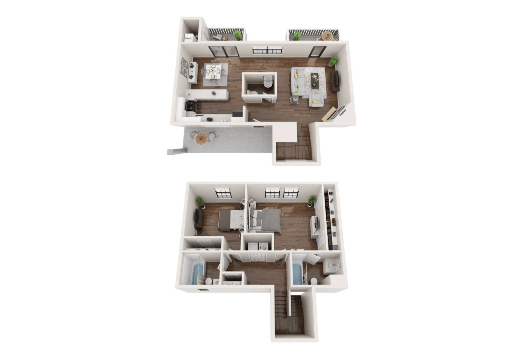 Two floor plan images of a house with a kitchen, living room, and bedrooms.