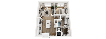 A top-down view of a small apartment with a living room, kitchen, and bedroom.