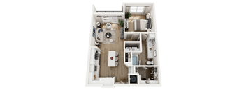 A top-down view of a small apartment with a living room, kitchen, and bathroom.