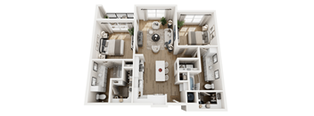 A top-down view of a modern, well-organized apartment layout.