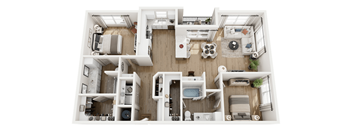A top-down view of a small, neatly organized apartment with a kitchen, living room, and bathroom.