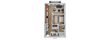 A floor plan of a small apartment with a living room, bedroom, and bathroom.