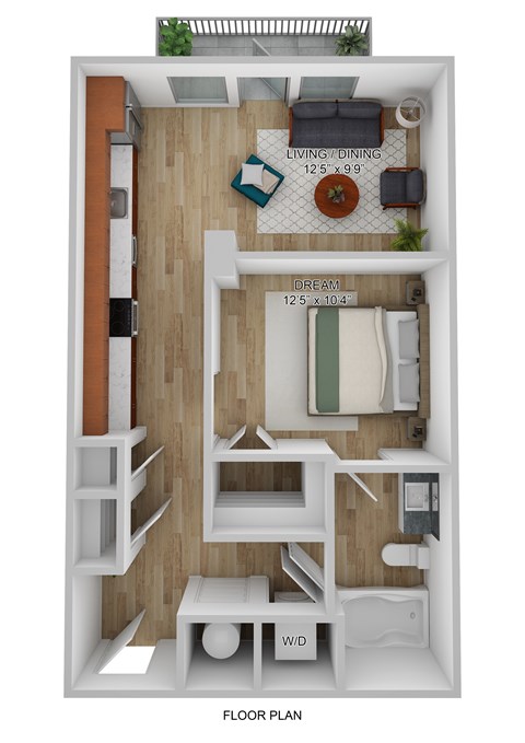 A floor plan of a small apartment with a living room, bedroom, and bathroom.