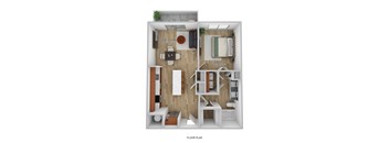 A floor plan of a small apartment with a living room, dining room, and bedroom.