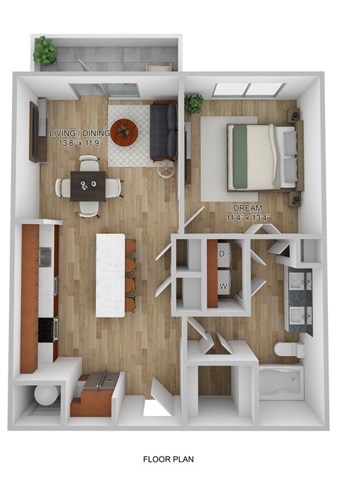 A floor plan of a small apartment with a living room, dining room, and bedroom.