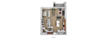 A floor plan of a small apartment with a bedroom, living room, and kitchen.