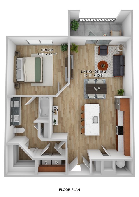 A floor plan of a small apartment with a bedroom, living room, and kitchen.