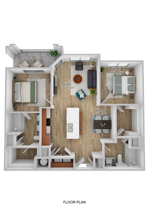 A floor plan of a small apartment with a living room, bedroom, and bathroom.