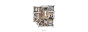 A floor plan of a two-bedroom apartment with a living room, kitchen, and bathroom.