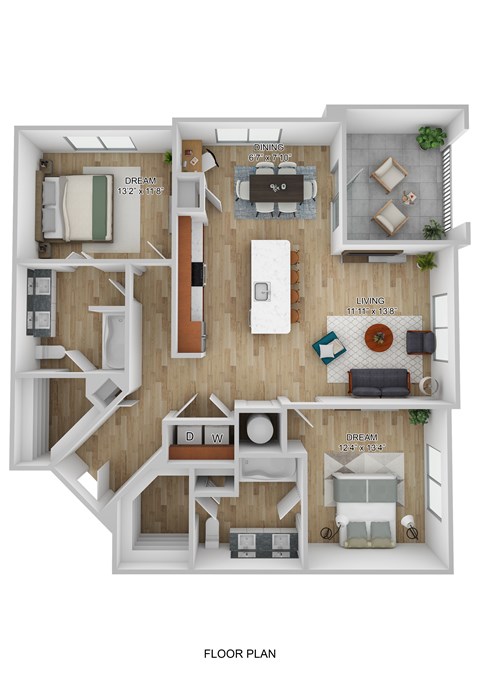 A floor plan of a two-bedroom apartment with a living room, kitchen, and bathroom.