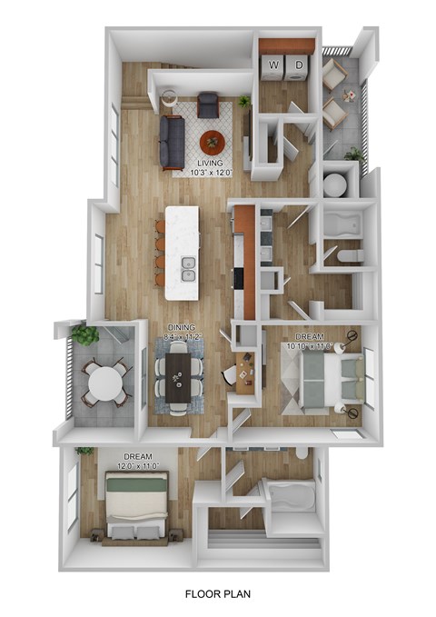 A floor plan of a 103 x 70 square foot apartment with a living room, dining room, and bedroom.