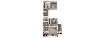 A 3D floor plan of a small apartment with a kitchen, living room, and bathroom.