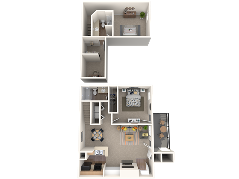 A 3D floor plan of a small apartment with a kitchen, living room, and bathroom.