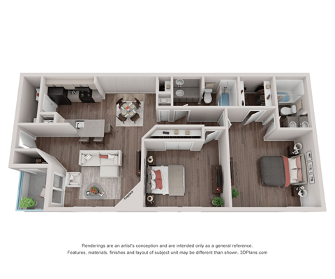 a 3d floor plan of a 2100 sq. ft. apartment