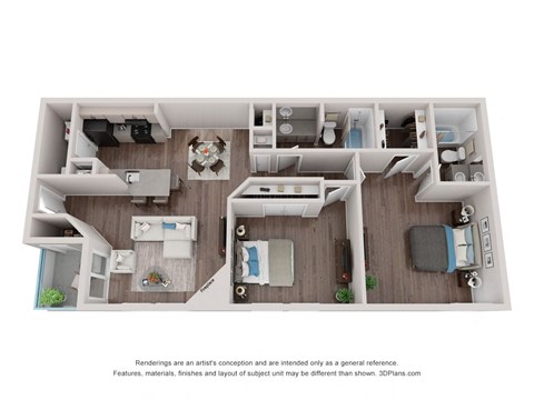 a 3d floor plan of a 2100 sq. ft. apartment