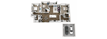 A top down view of a house interior with two cars.