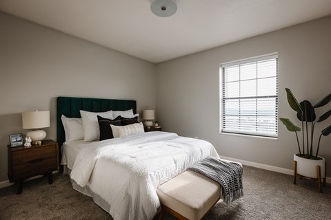 a bedroom with a bed and a window