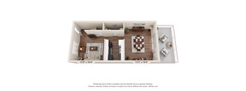 a stylized floor plan with a bedroom and a living room