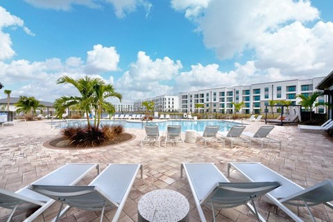 A pool surrounded by chairs and palm trees.