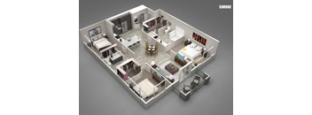 A Simone branded 3D floor plan of a small apartment.