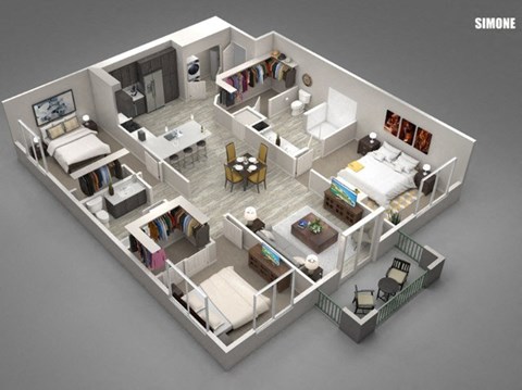A Simone branded 3D floor plan of a small apartment.