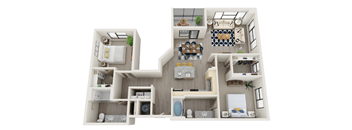 A 3D floor plan of a house with multiple rooms and furniture.