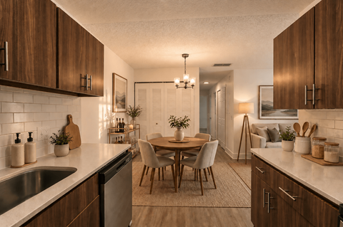 A kitchen with wooden cabinets and a dining table.