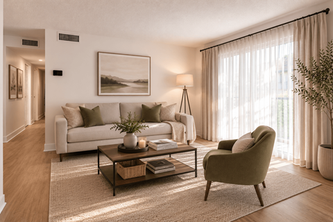 A living room with a white couch, a green armchair, and a coffee table with a vase of flowers on it.