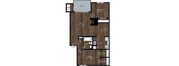 A floor plan of a house with a bedroom, living room, and kitchen.