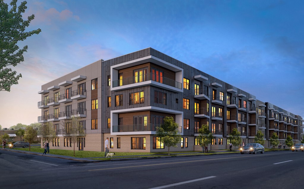 a rendering of an apartment building on a city street