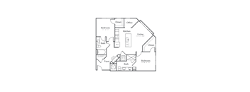 A black and white floor plan of a house with a living room, two bedrooms, a kitchen, a bathroom, and a foyer.