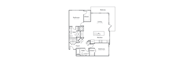 A floor plan of a house with a balcony, two bathrooms, a living room, a kitchen, and two bedrooms.
