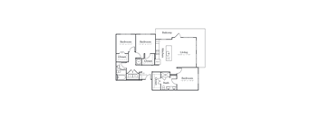 A black and white diagram of a house layout with two bedrooms, a living room, a kitchen, a bathroom, a mudroom, and a balcony.