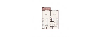 A floor plan of a house with a living room, bedroom, kitchen, and bathroom.