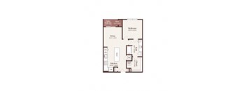 A floor plan of a house with a living room, kitchen, bedroom, and bathroom.