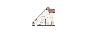 A floor plan of a house with a living room, kitchen, and two bedrooms.