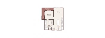 A floor plan of a house with a living room, kitchen, bathroom and bedroom.