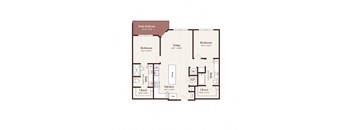 A floor plan of a house with a patio balcony and two bedrooms.