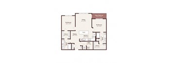 A floor plan of a house with a living room, two bedrooms, a kitchen, a dining room, a utility room, and a patio.
