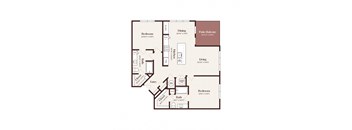A floor plan of a home with two bedrooms, a living area, a dining area, a patio, and a bathroom.