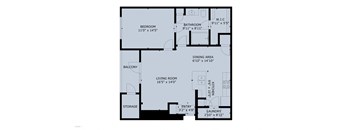 A floor plan of a house with a living room, dining area, kitchen, bathroom, bedroom, and storage.