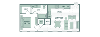 a floor plan of a house with furniture and a brick wall