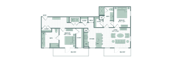 the unit plan against a brick wall with a layout of rooms and counters